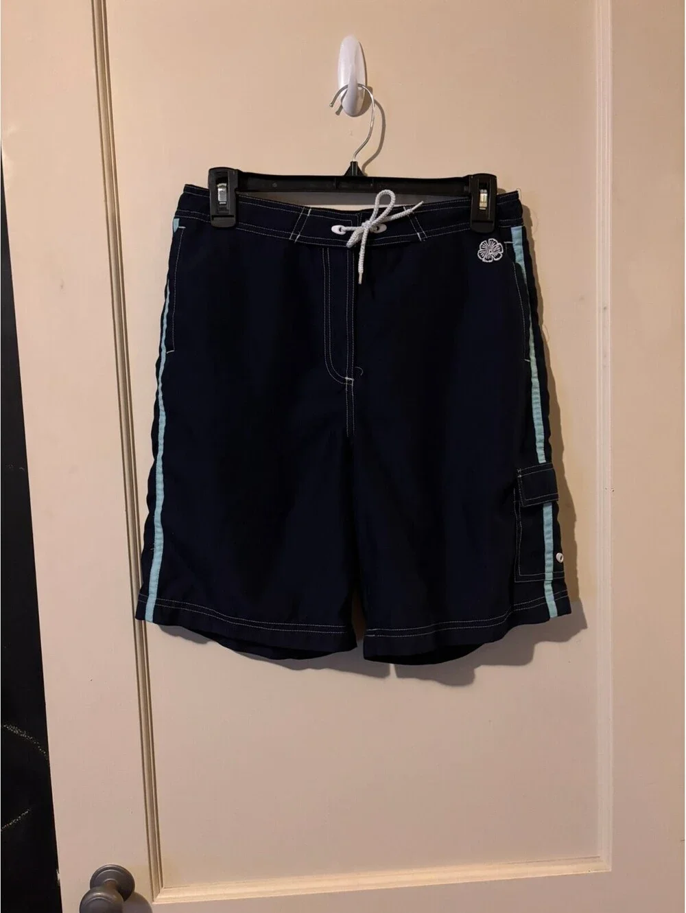 Navy Blue Swim Trunks with Light Blue Side Stripes and Cargo Pocket
